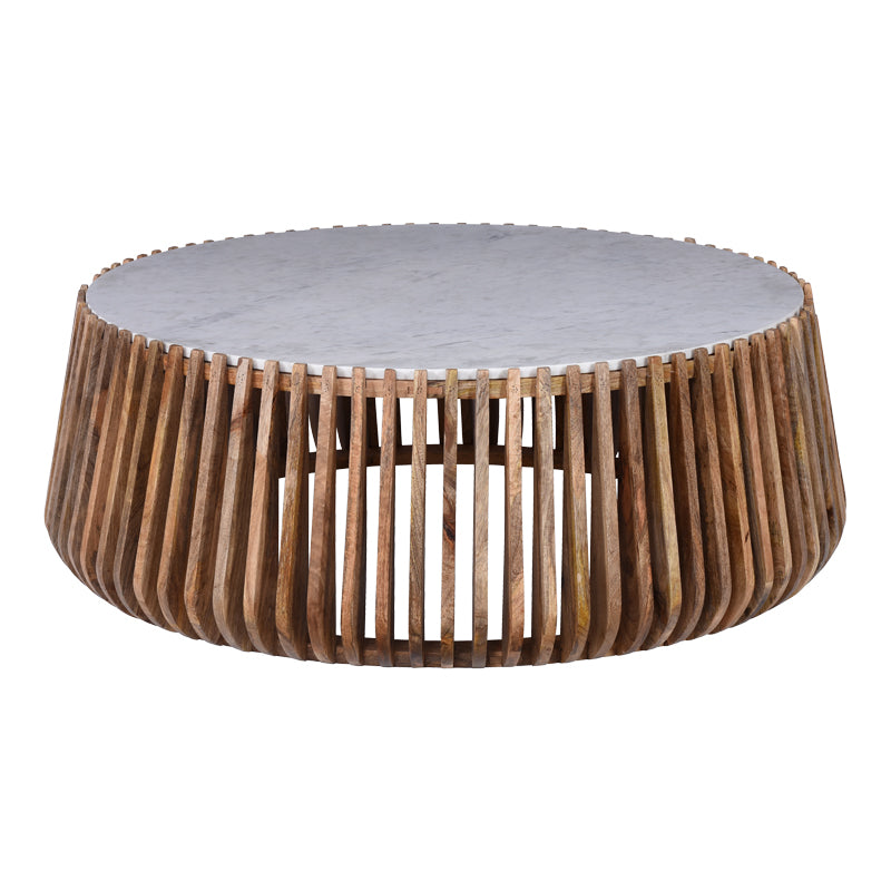 Coffee table Mable mango wood in natural color and marble look surface D120x45cm