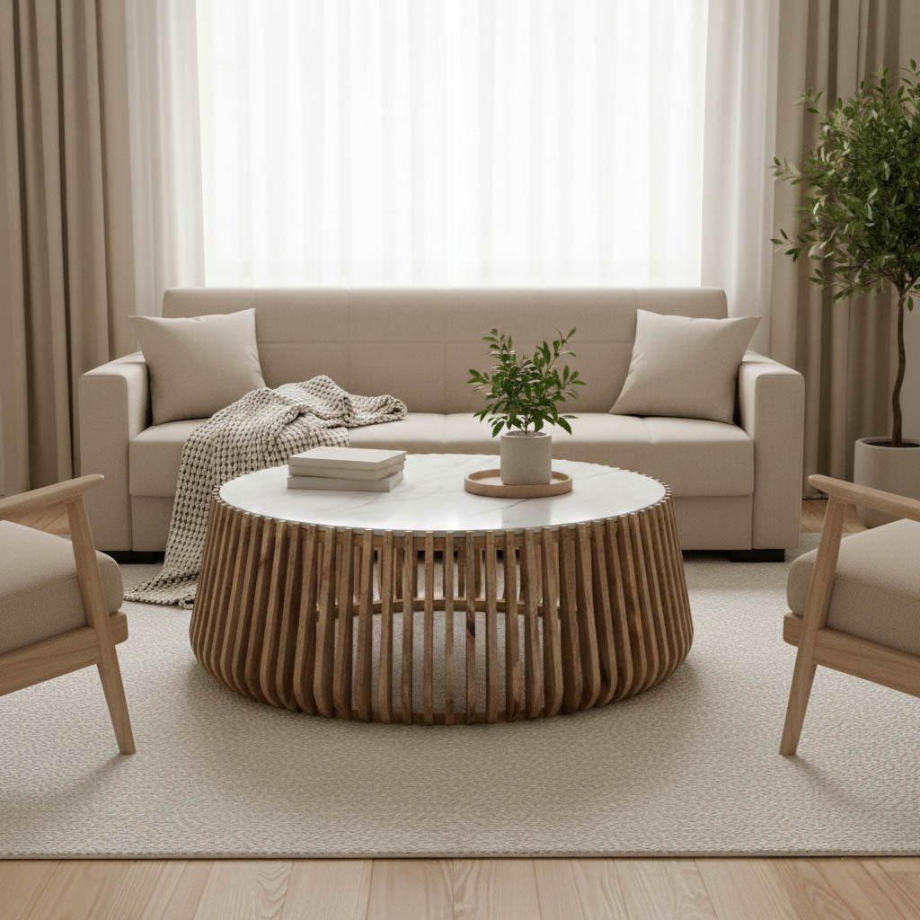 Coffee table Mable mango wood in natural color and marble look surface D120x45cm