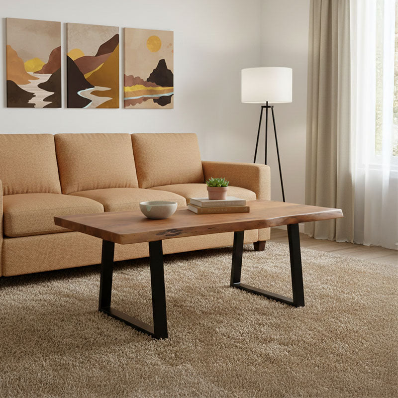 Miles coffee table solid acacia wood thickness 3.7-4cm in walnut color with black metal legs 115x60x45cm