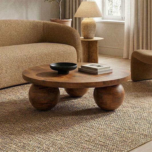 Coffee table Fedena solid mango wood walnut D90x30cm