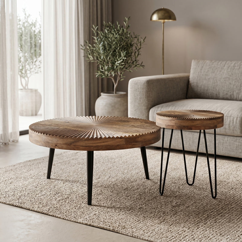 Set of 2 pieces coffee tables Lemia mango wood in natural color and black metal leg