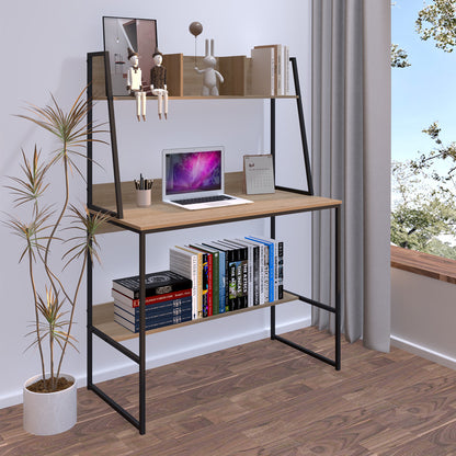 Office desk with shelf Herbey in oak color with black metal leg 100x48x139cm