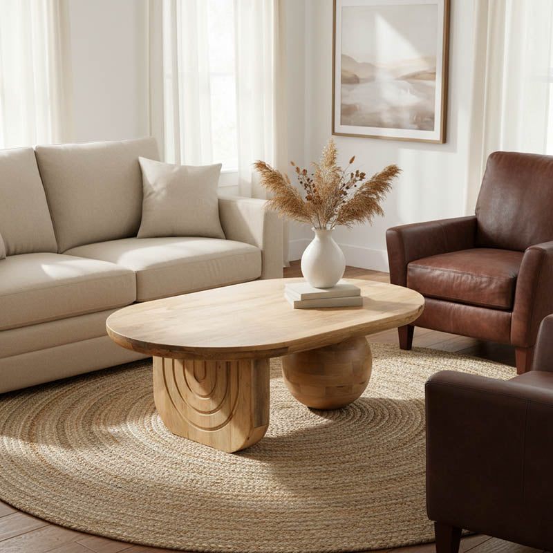 Coffee table Kane solid acacia wood in natural color 110x72x38cm