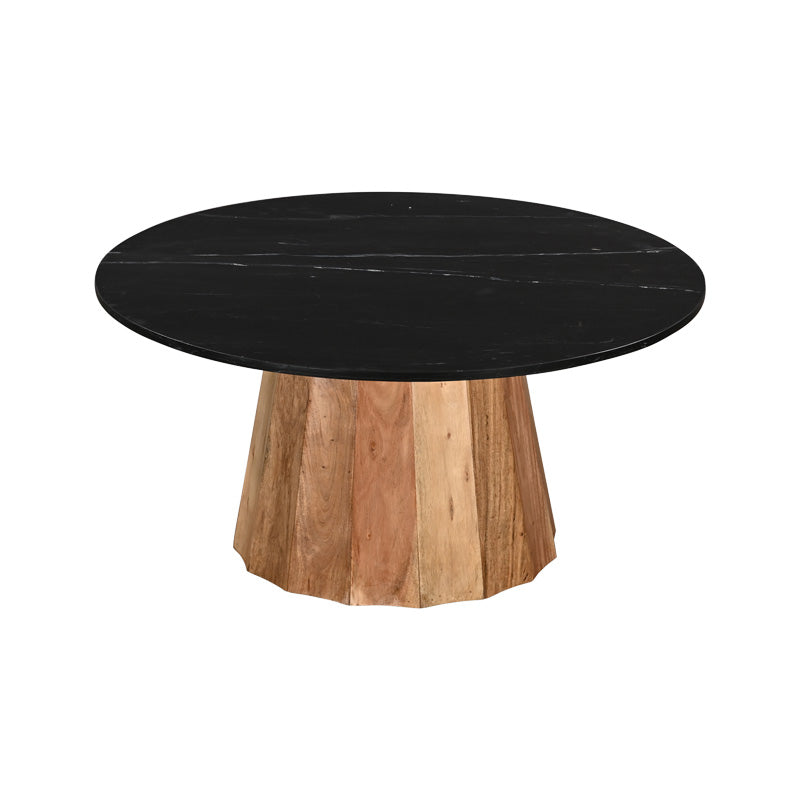 Coffee table Ezerdian solid acacia wood in natural color and black matte marble table top D90x45cm