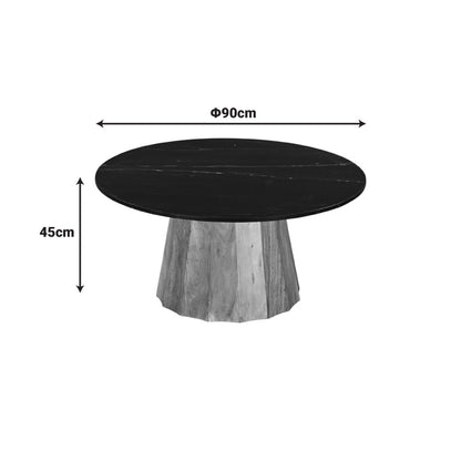 Coffee table Ezerdian solid acacia wood in natural color and black matte marble table top D90x45cm