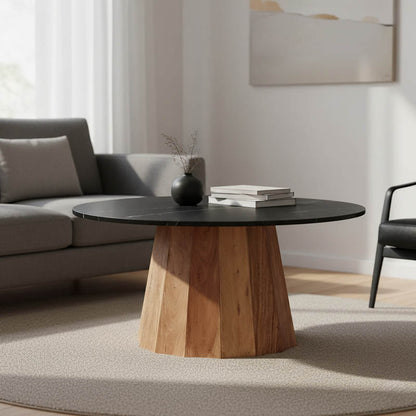 Coffee table Ezerdian solid acacia wood in natural color and black matte marble table top D90x45cm