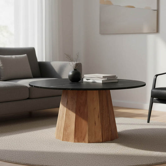 Coffee table Ezerdian solid acacia wood in natural color and black matte marble table top D90x45cm