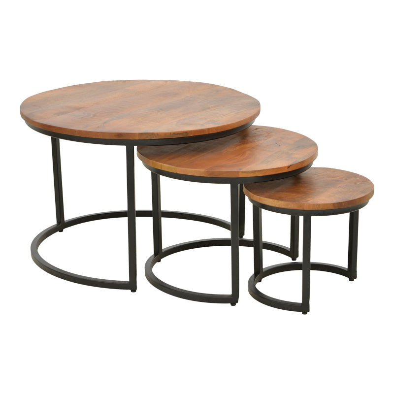 Frina coffee table set of 3 mango wood in walnut color with black metal leg