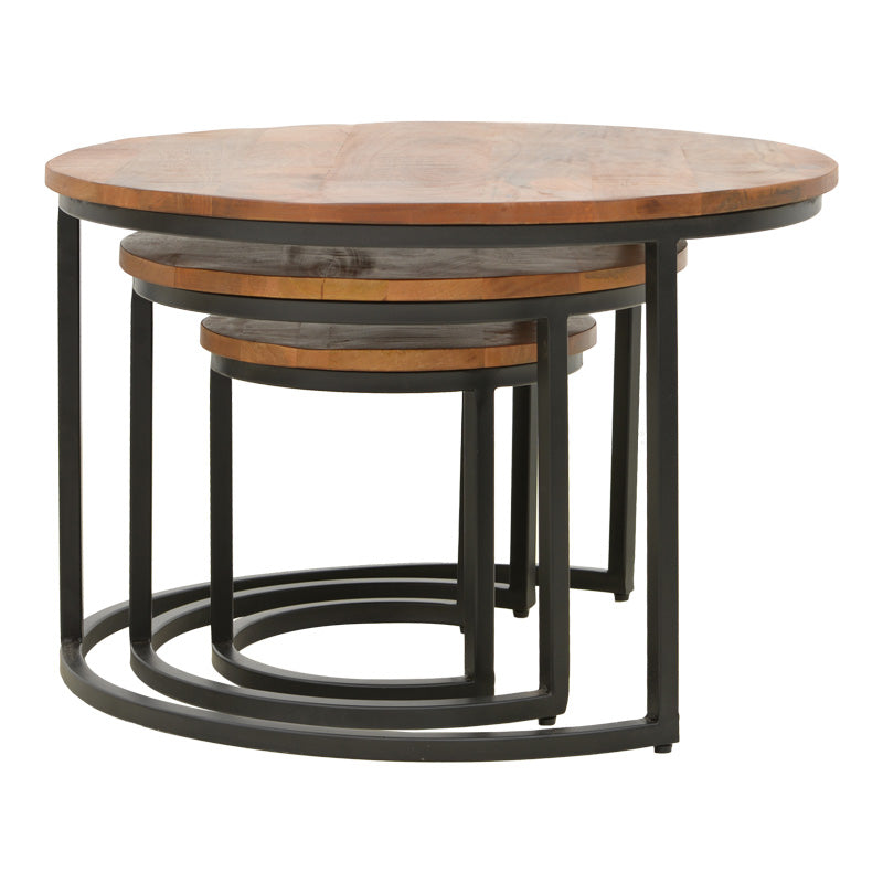 Frina coffee table set of 3 mango wood in walnut color with black metal leg
