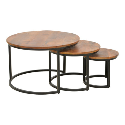 Frina coffee table set of 3 mango wood in walnut color with black metal leg