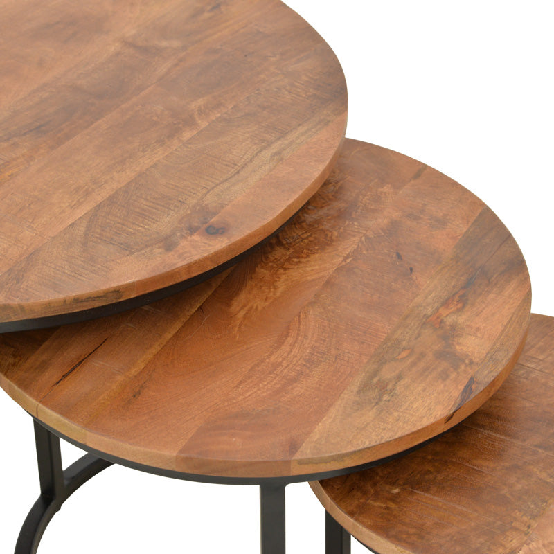 Frina coffee table set of 3 mango wood in walnut color with black metal leg
