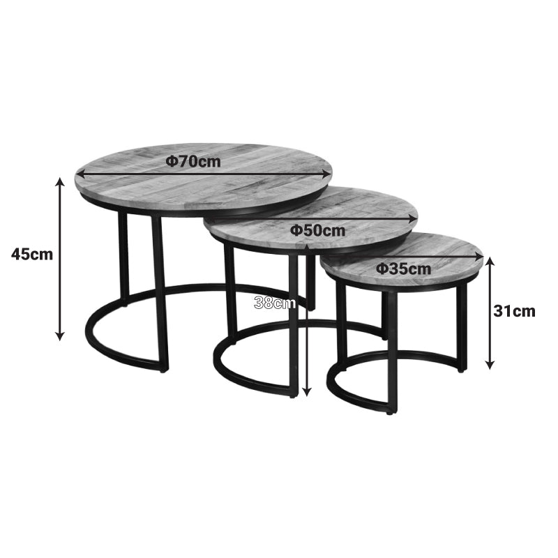Frina coffee table set of 3 mango wood in walnut color with black metal leg