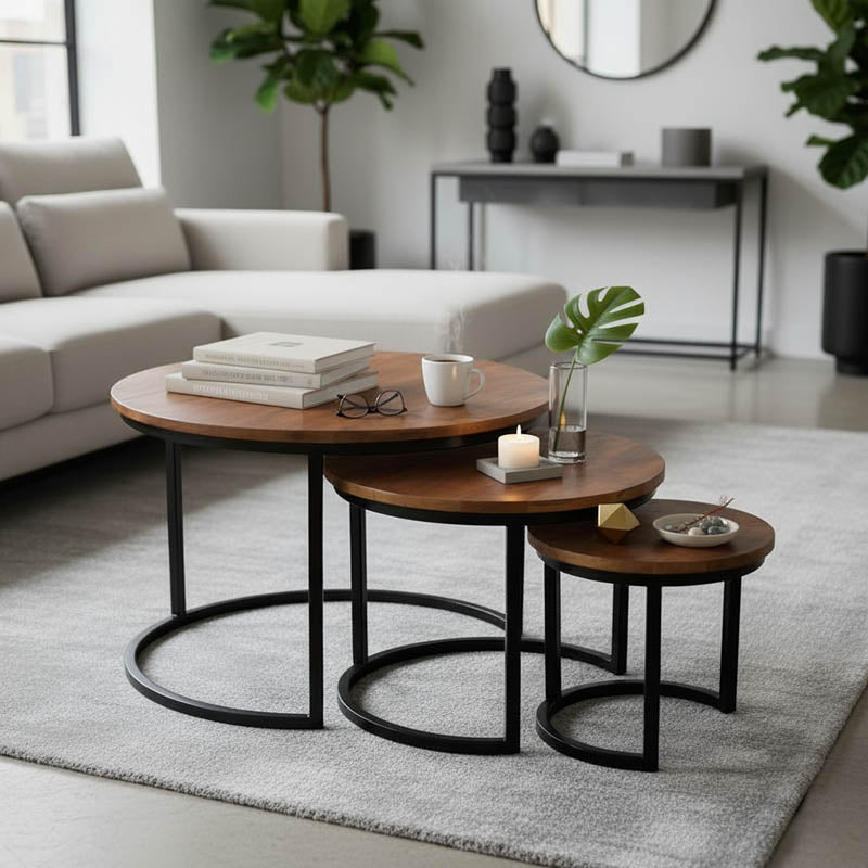Frina coffee table set of 3 mango wood in walnut color with black metal leg