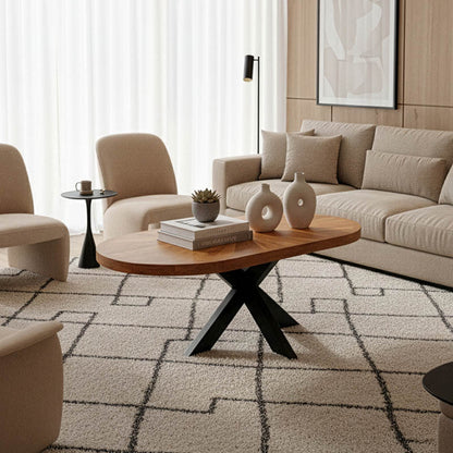 Coffee table Fardy solid acacia wood in natural color with black metal legs 120x60x45cm