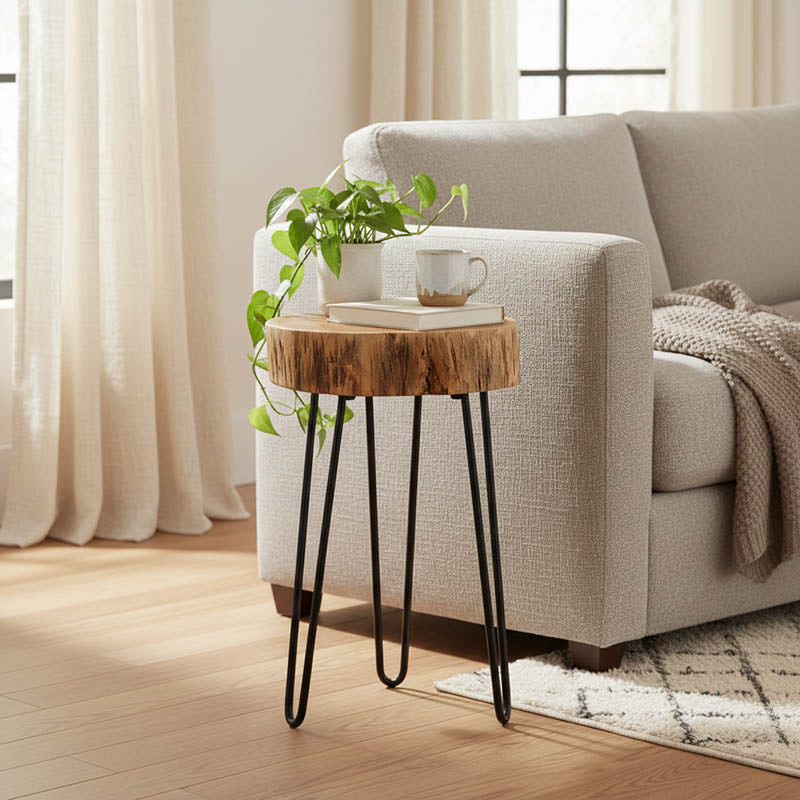 Tripp side table, solid acacia wood in a natural shade with black metal legs 32x30x47cm