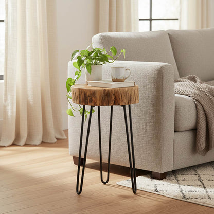 Tripp side table, solid acacia wood in a natural shade with black metal legs 32x30x47cm