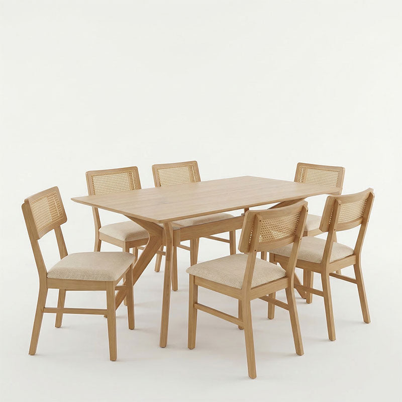 Raffles dining set 7pcs rubberwood with pe rattan in natural color 150x90x76cm