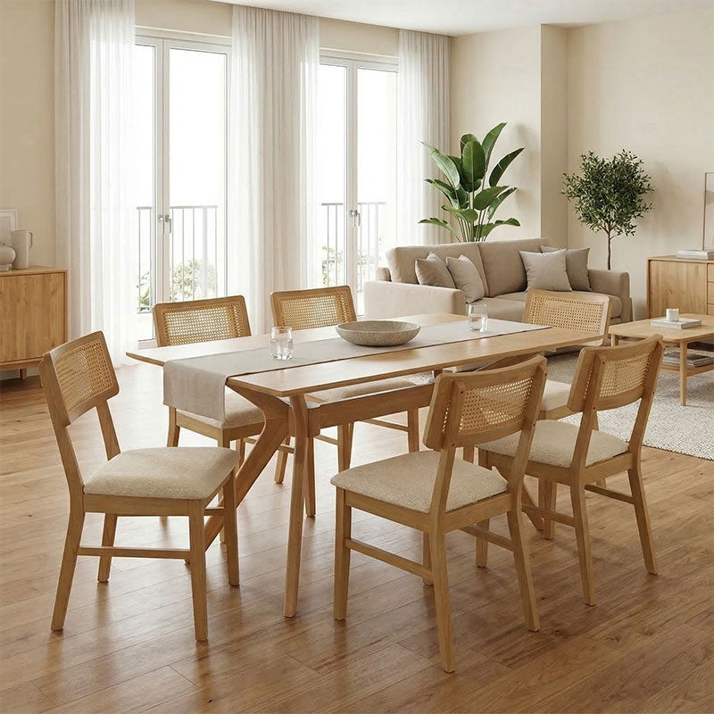 Raffles dining set 7pcs rubberwood with pe rattan in natural color 150x90x76cm
