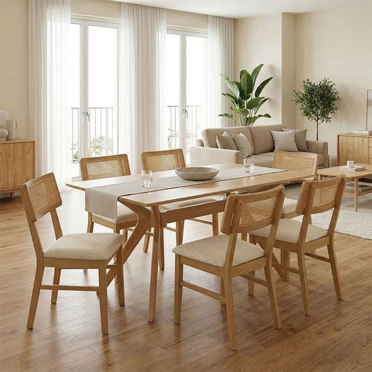 Raffles dining set 7pcs rubberwood with pe rattan in natural color 150x90x76cm