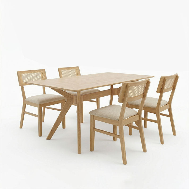 Raffles dining set 5pcs rubberwood with pe rattan in natural color 150x90x76cm
