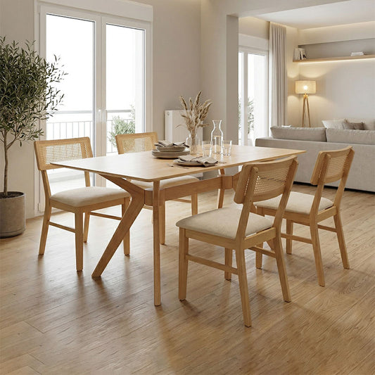 Raffles dining set 5pcs rubberwood with pe rattan in natural color 150x90x76cm