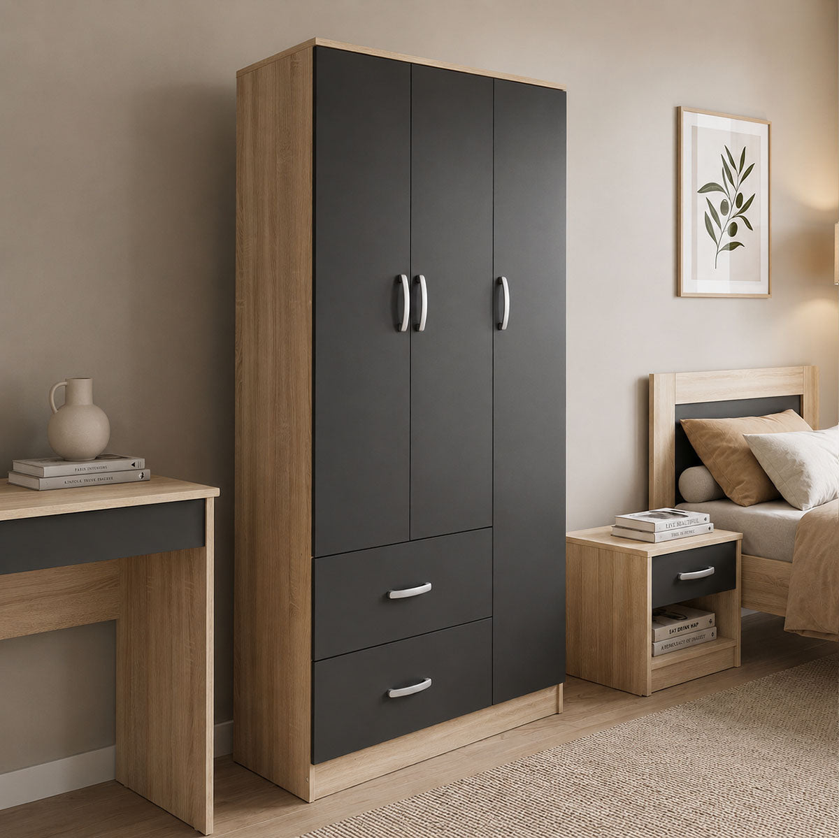 Three-door wardrobe with 2 drawers Athos pakoworld in sonoma-dark grey color 90x42x180cm