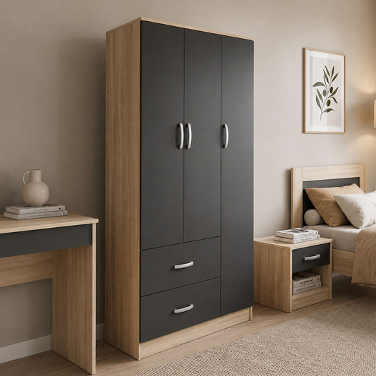 Three-door wardrobe with 2 drawers Athos in sonoma-dark grey color 90x42x180cm