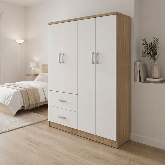 Four-door wardrobe with 2 drawers Athos in sonoma-white color 120.5x42x181cm