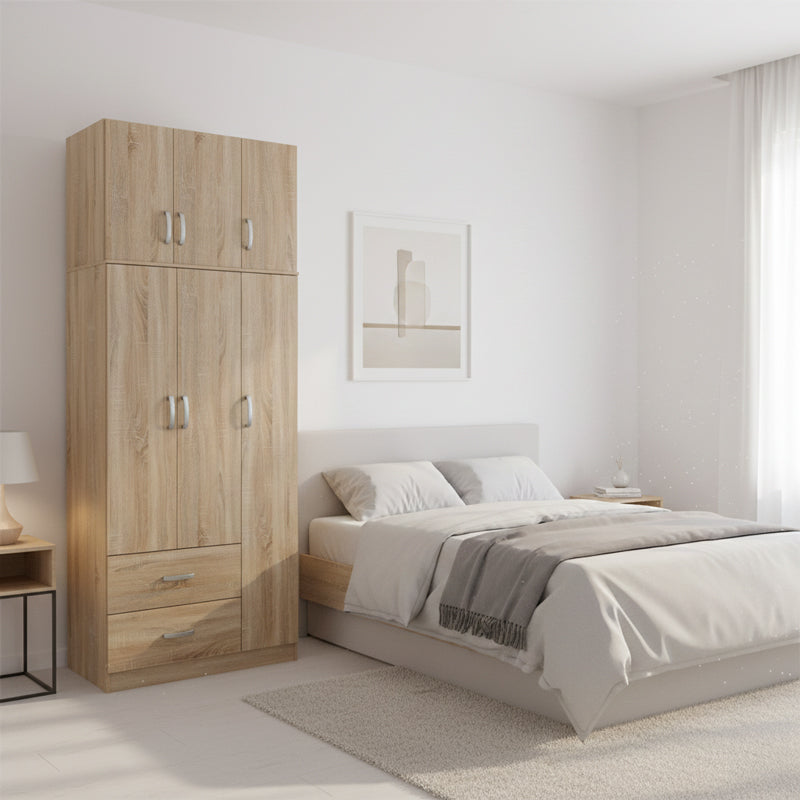 Three-door wardrobe with 2 drawers and loft Athos pakoworld in oak color 90x42x240cm
