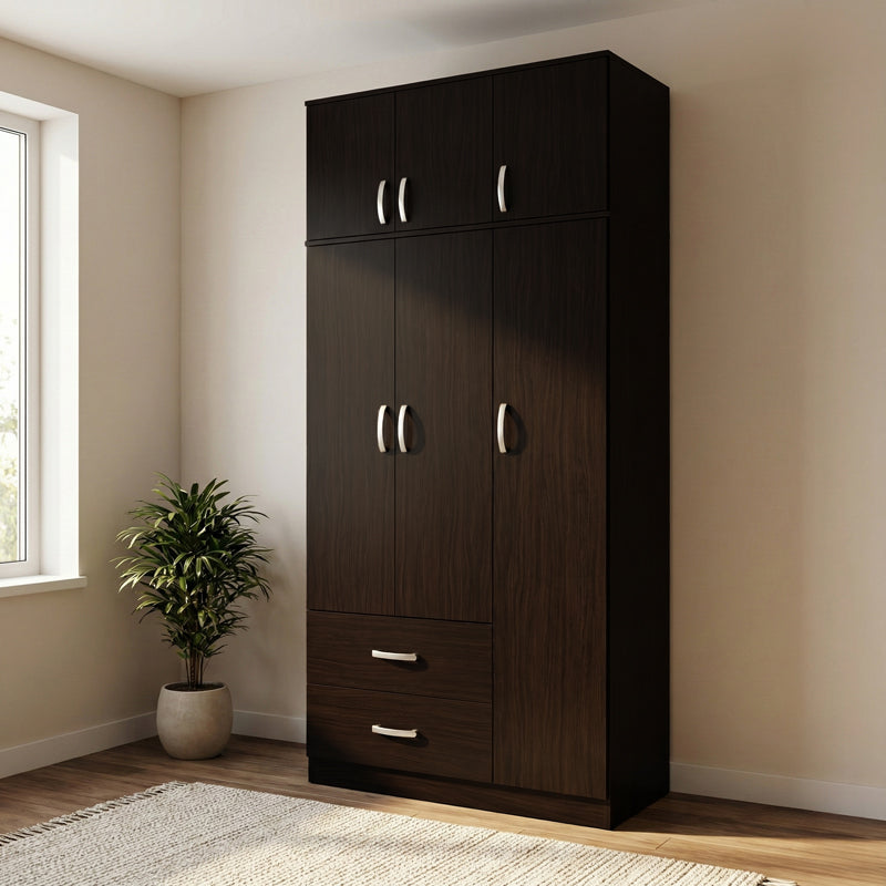 Three-door wardrobe with 2 drawers and loft Athos pakoworld in wenge color 90x42x240cm