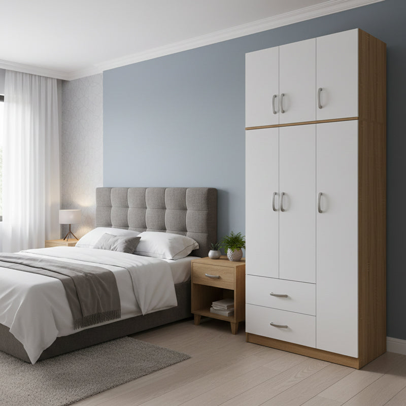 Three-door wardrobe with 2 drawers and loft Athos pakoworld in oak-white color 90x42x240cm