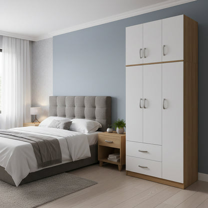 Three-door wardrobe with 2 drawers and loft Athos pakoworld in oak-white color 90x42x240cm