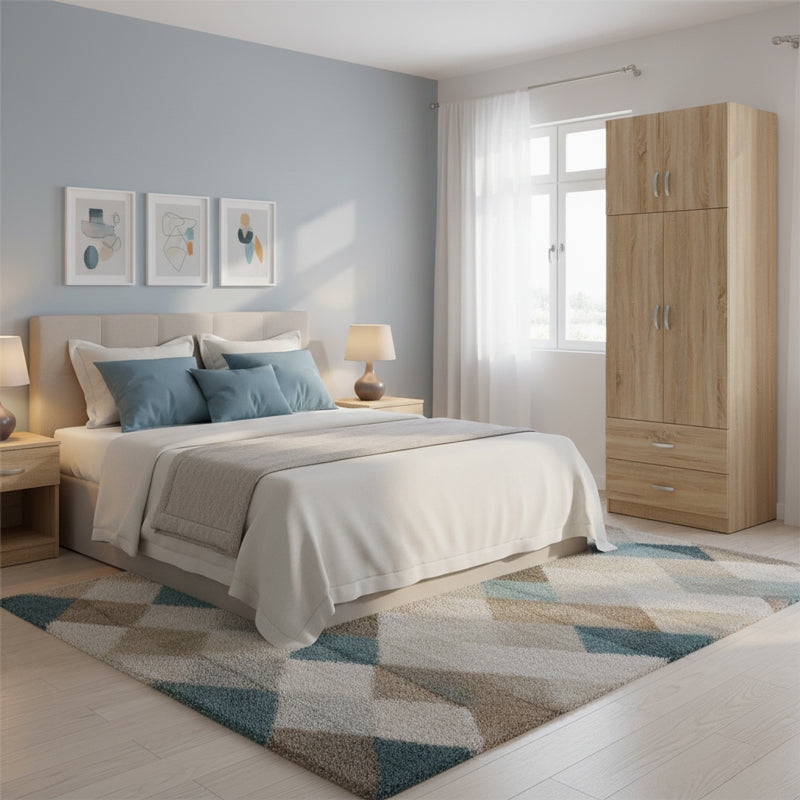 Two-door wardrobe with 2 drawers and loftAthos pakoworld in oak color 80x42x240cm