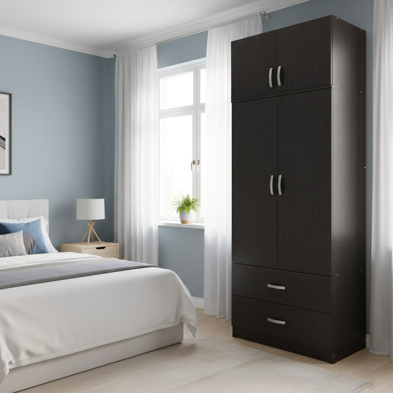 Two-door wardrobe with 2 drawers and loft Athos pakoworld in wenge color 80x42x240cm