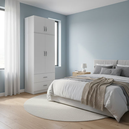 Two-door wardrobe with 2 drawers and loft Athos pakoworld in white color 80x42x240cm