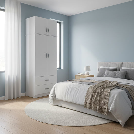 Two-door wardrobe with 2 drawers and loft Athos in white color 80x42x240cm