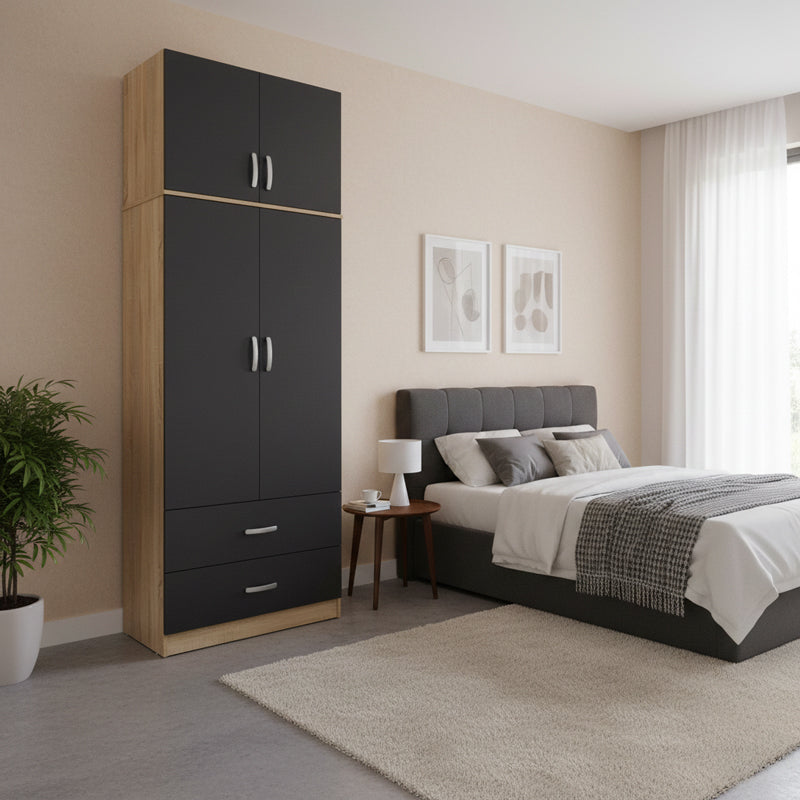 Two-door wardrobe with 2 drawers and loftAthos pakoworld in oak-dark grey color 80x42x240cm