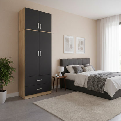 Two-door wardrobe with 2 drawers and loftAthos pakoworld in oak-dark grey color 80x42x240cm