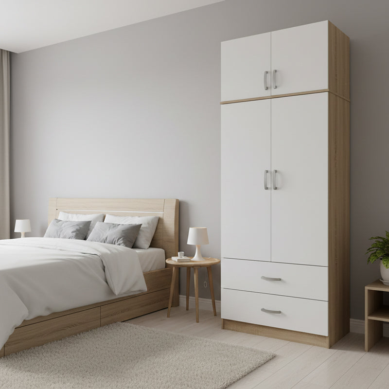 Two-door wardrobe with 2 drawers and loftAthos pakoworld in oak-white color 80x42x240cm