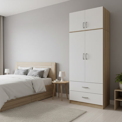 Two-door wardrobe with 2 drawers and loftAthos pakoworld in oak-white color 80x42x240cm