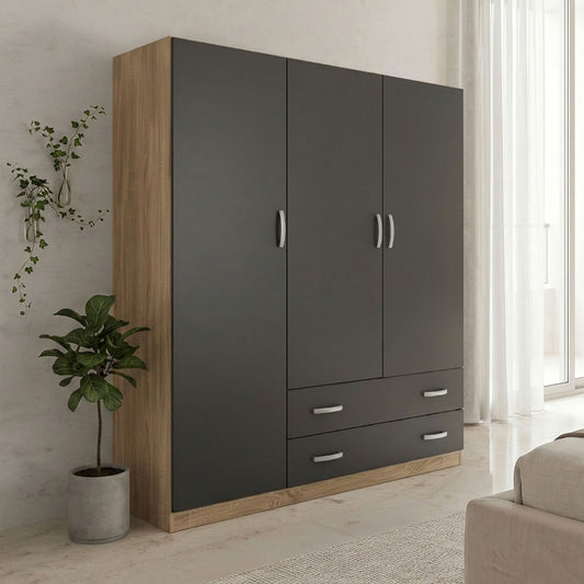 Three-leaf wardrobe with 2 drawers Alvia sonoma-anthracite 150x51x180cm
