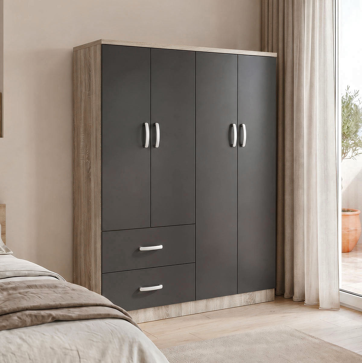 Four-door wardrobe with 2 drawers Athos anthracite-sonoma 120.5x42x181cm