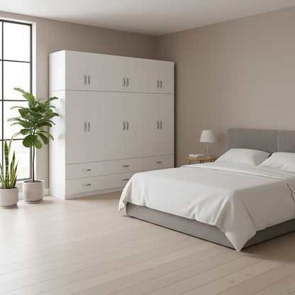 Six-door wardrobe with drawers and loft Athos pakoworld white 240x42x240cm
