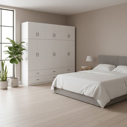 Six-door wardrobe with drawers and loft Athos white 240x42x240cm