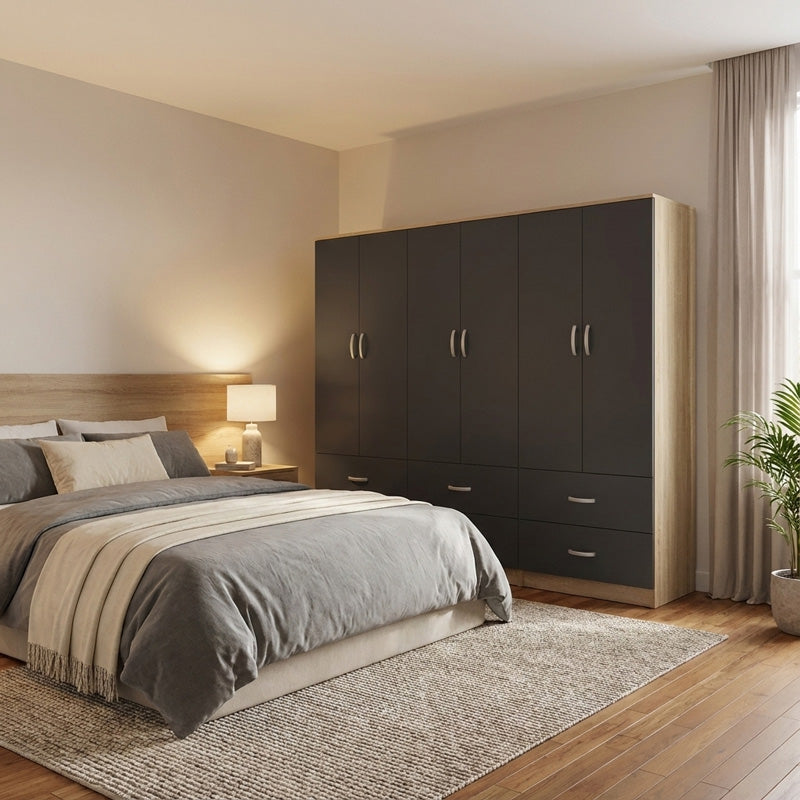 Six-leaf wardrobe with drawers Athos pakoworld sonoma-anthracite 240x42x180cm