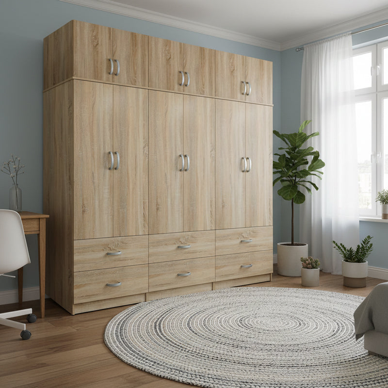 Six-door wardrobe with drawers and loft Athos pakoworld sonoma 240x42x240cm