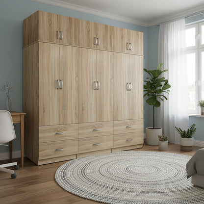Six-door wardrobe with drawers and loft Athos pakoworld sonoma 240x42x240cm