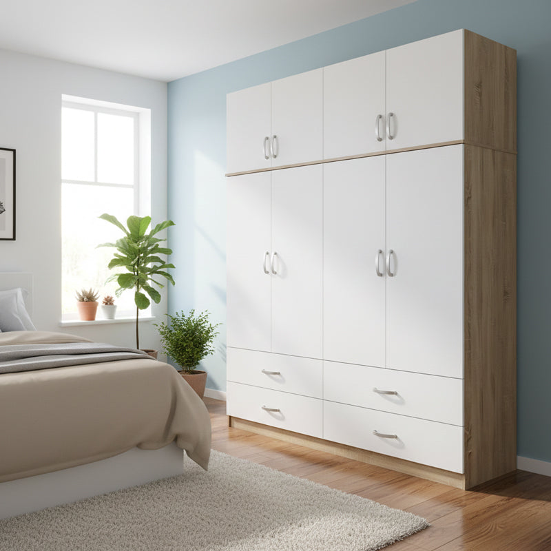 Four-leaf wardrobe with drawers and loft Athos pakoworld sonoma-white 160x42x240cm