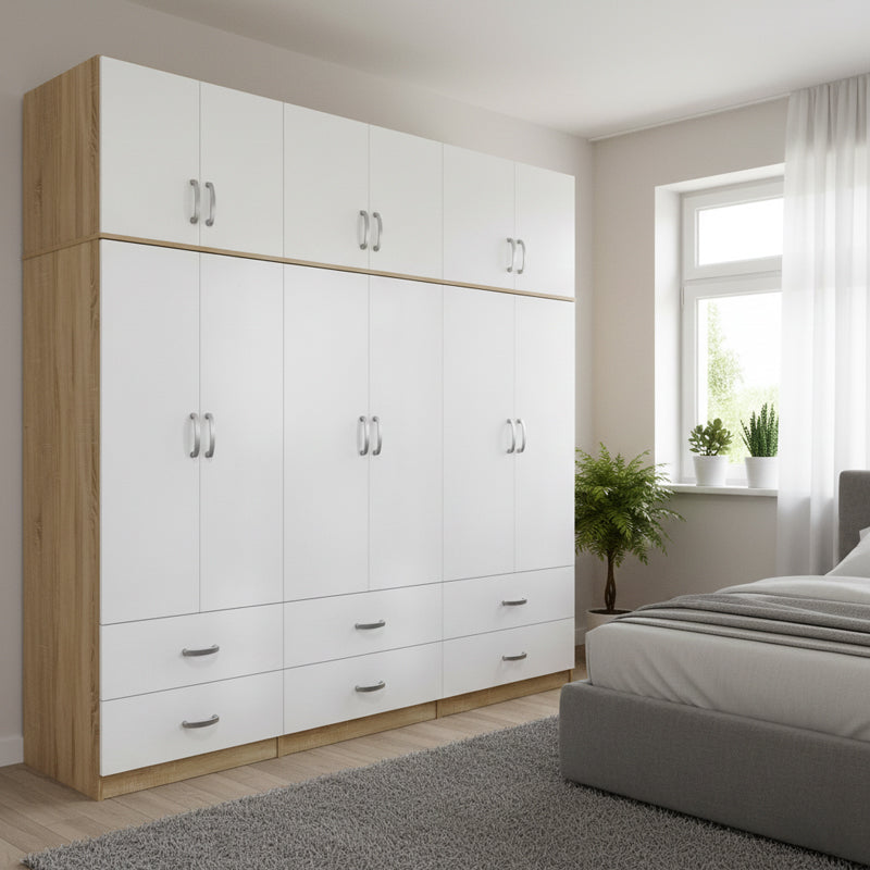 Six-door wardrobe with drawers and loft Athos pakoworld sonoma-white 240x42x240cm