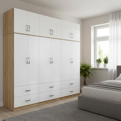 Six-door wardrobe with drawers and loft Athos pakoworld sonoma-white 240x42x240cm